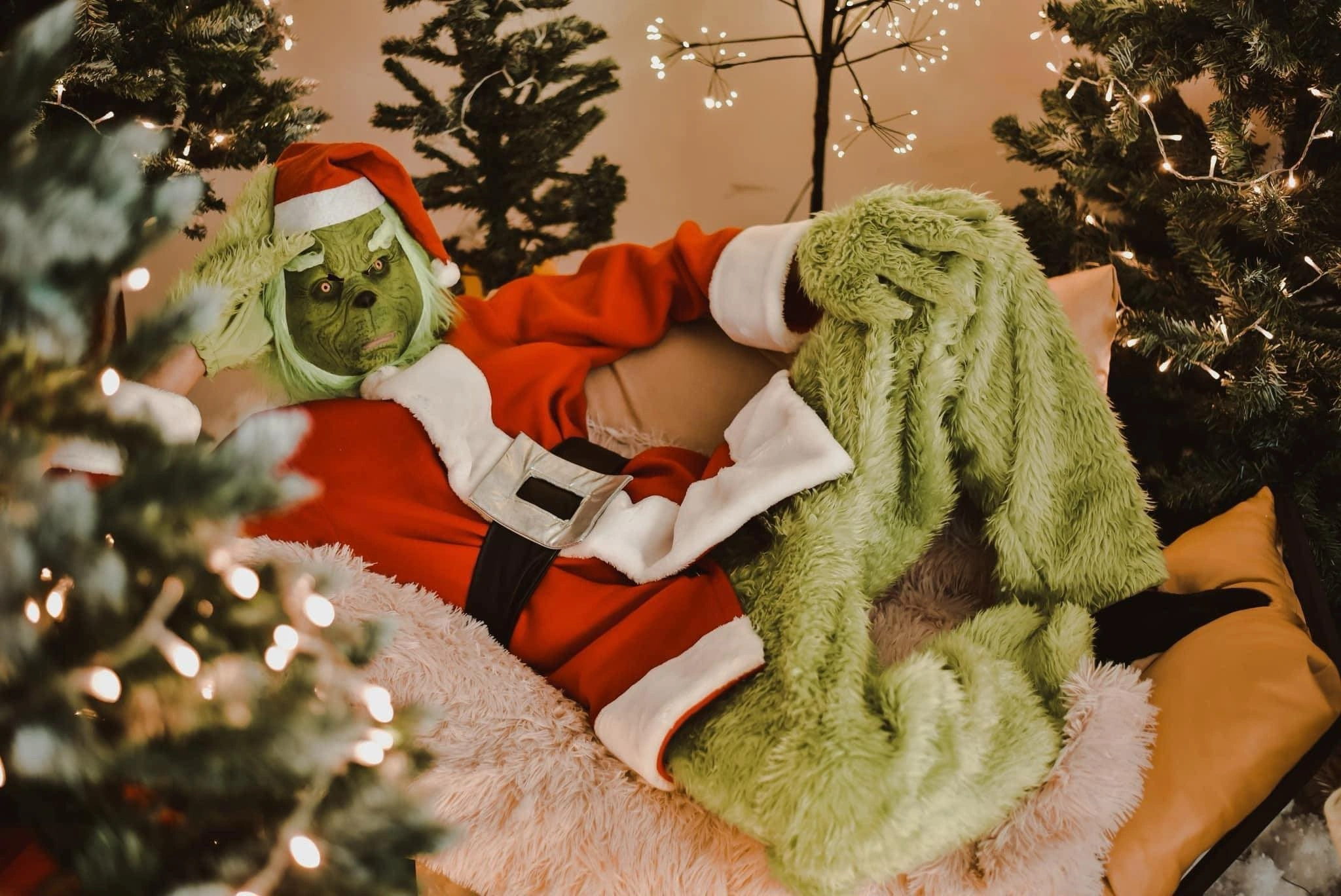 mascota verde grinch in costum mos craciun